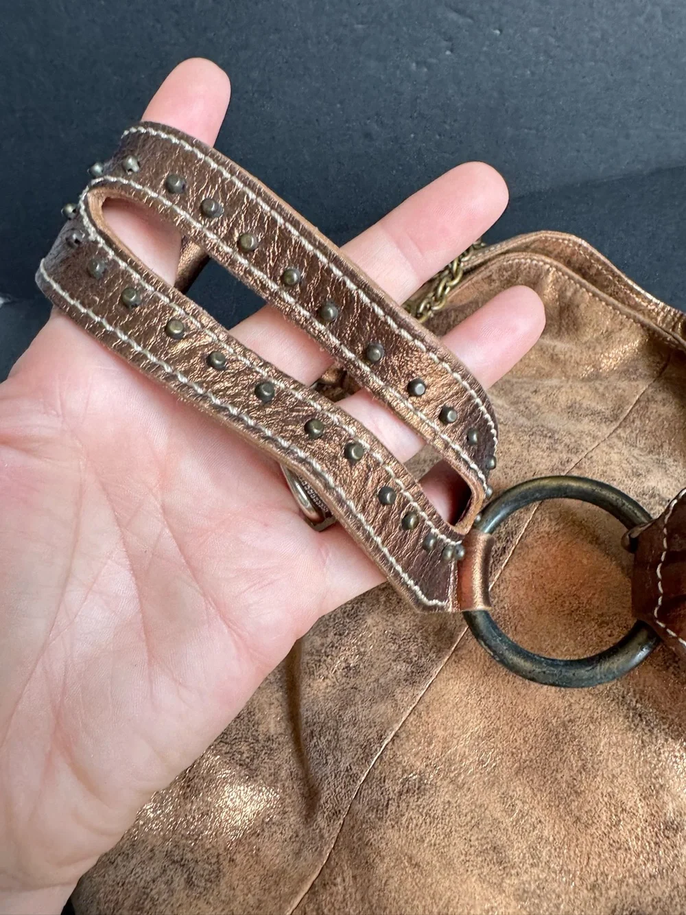 Y2K Metallic Hobo Bag Slouchy Leather Brown Cooper Studded  Purse Vintage
